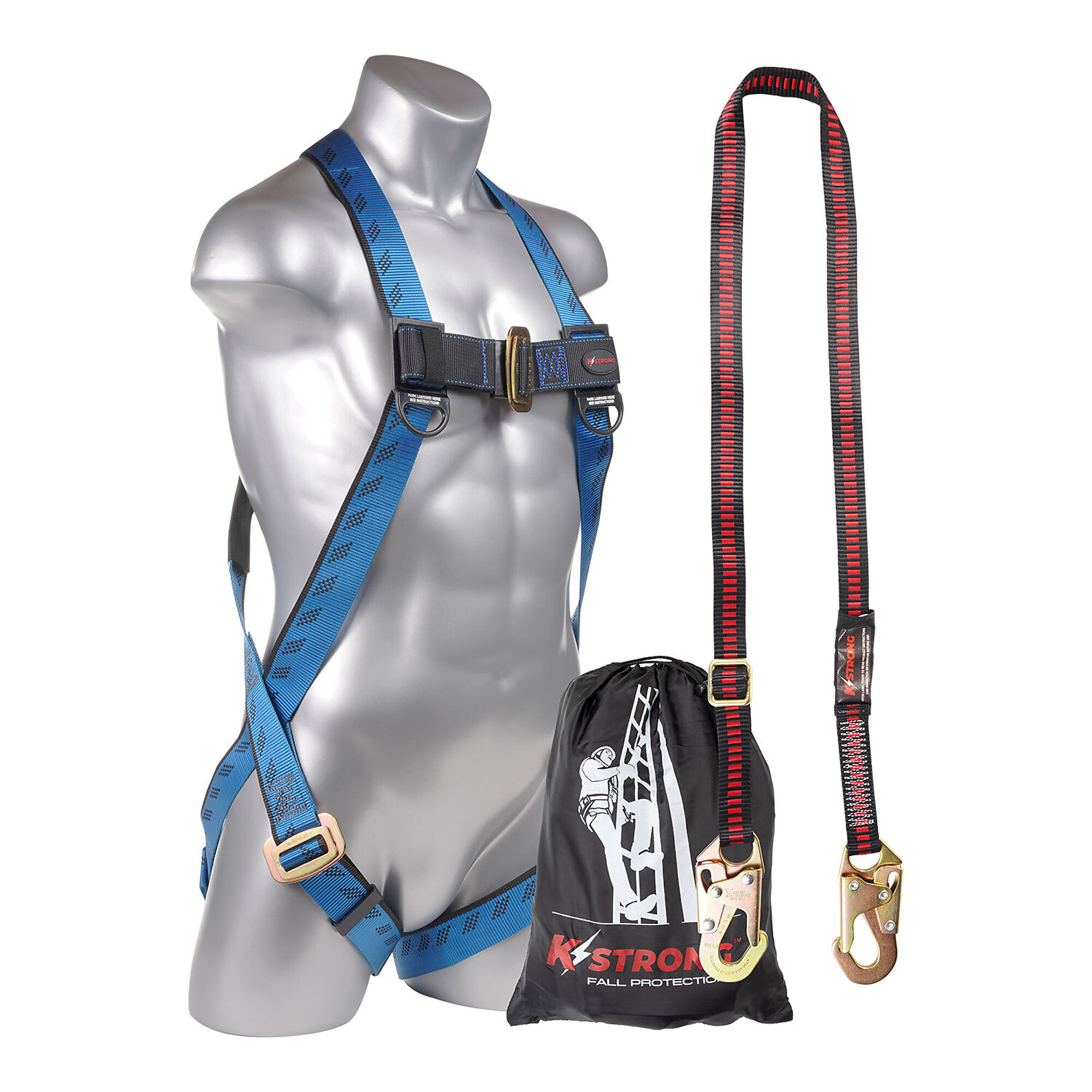 KStrong Aerial Kit with Essential 3-Point Full Body Harness — Dorsal D-Ring, Adjustable Leg Straps, 4.5-6ft. Adjustable Work Positioning Lanyard with Snap Hooks, L-XL, Model# UFK20410-L-XL